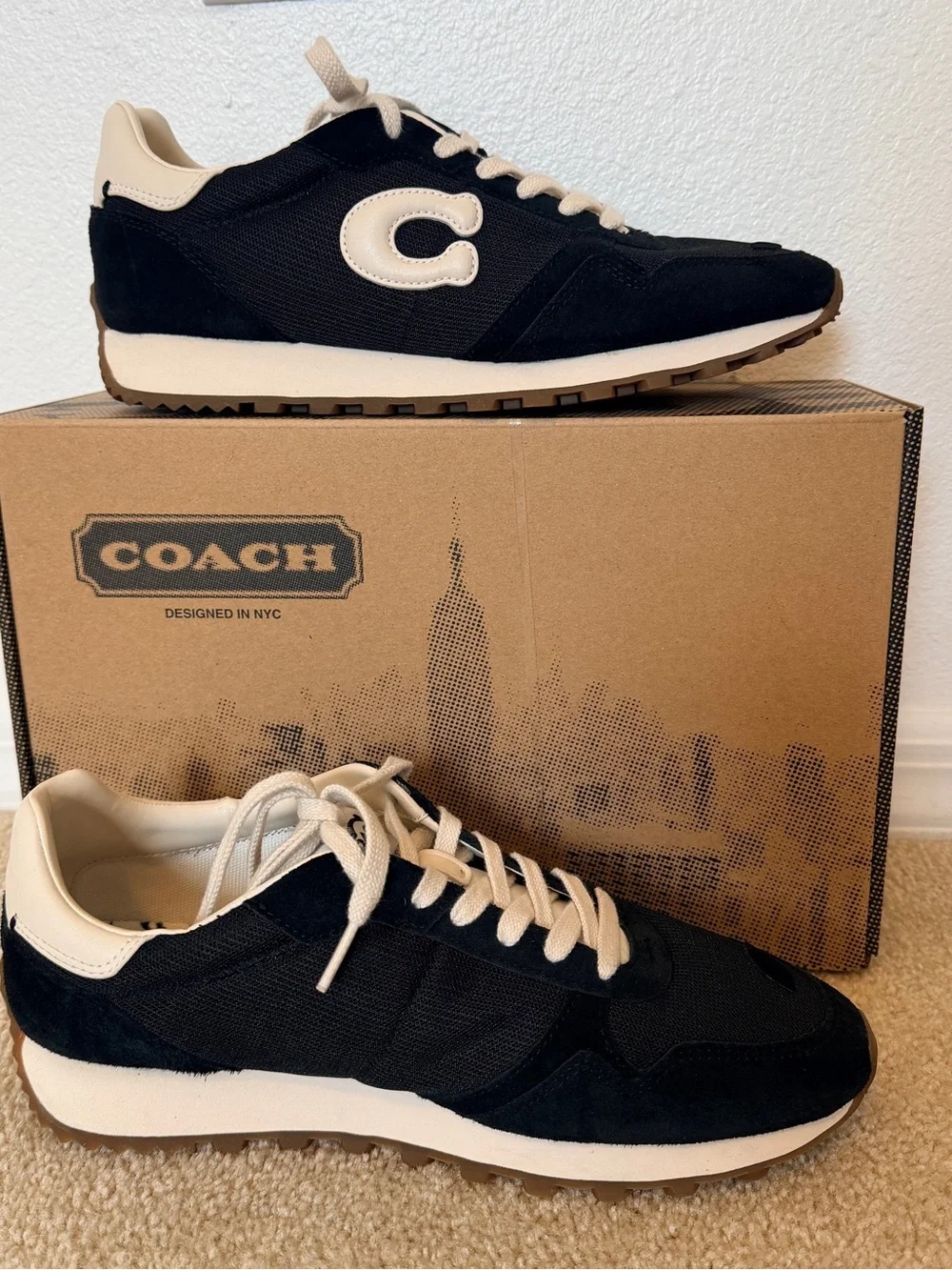 COACH Retro Runner Mens 9 Suede Mesh Lightweight Shoes Black White Logo Sneakers